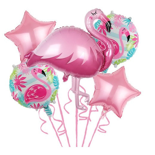 Baloane aniversare Flamingo Party, ANGELBEAR, din Folie de aluminiu si Latex, set din 5 baloane, 1 Flamingo, 2 Stele, 2 rotunde, 60 x 90 cm, Adeziv si pai inclus Rose